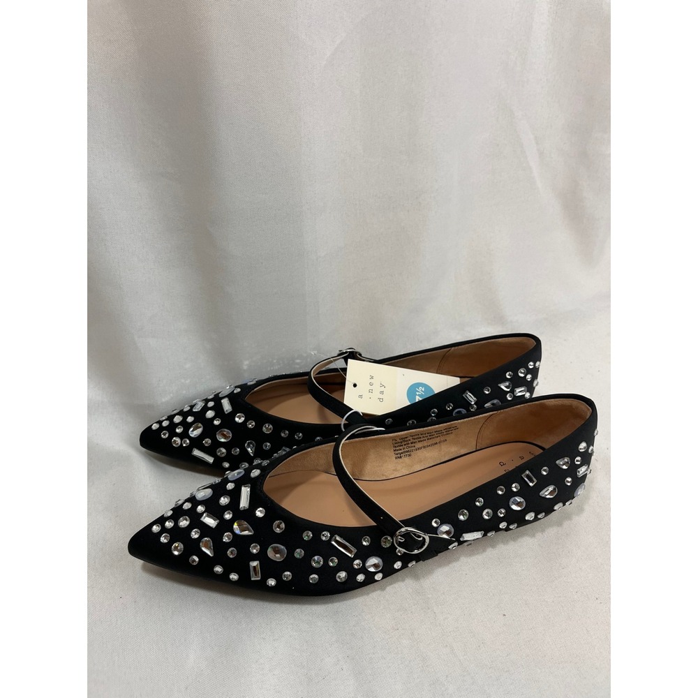 A New Day Womens Black Rhinestone Embellished Mary Jane Pointed Toe Flats 7.5